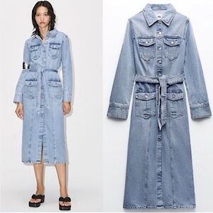 Zara Light Blue Denim Midi Dress